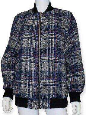 Avec Les Filles Women's Plaid Tweed Bomber Jacket Blue/Gray Size Large
